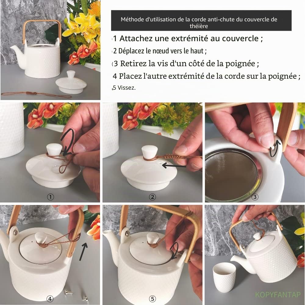 Service à Thé avec théière en Céramique Blanche, 900ml Théière avec 1 Filtre et 180ml 4 Tasses，Modèle Design Relief Géométrique