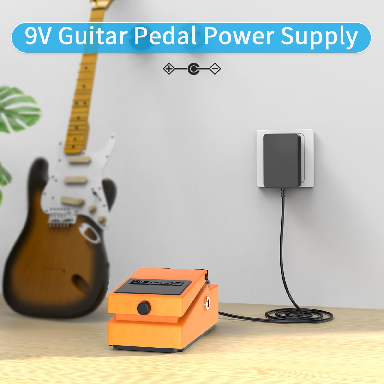 Guitar Pedal Power Supply, UL Listed 9V DC Power Supply Center Negative Compatible with Boss Roland Vox Stomplab JOYO Wah Pedals Casio Keyboards Behringer Musical Instruments 9Vdc Power Cord