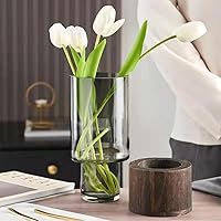 Vista 4 de Jarrón de vidrio de madera artístico, 10 pulgadas de alto, jarrón cilíndrico con base de madera, estilo rústico clásico bohemio para chimenea