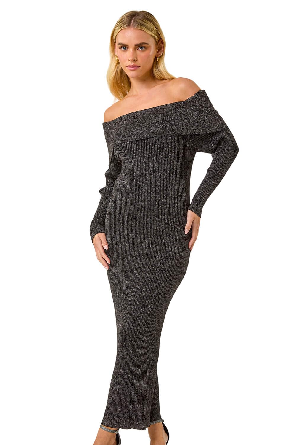 Roman Petite Metallic Knit Bardot Midi Dress for Women UK - Ladies Autumn Everyday Winter Holiday Long Sleeves Soft Bodycon Comfy Warm Feel Frock Dinner Date Gowns Black