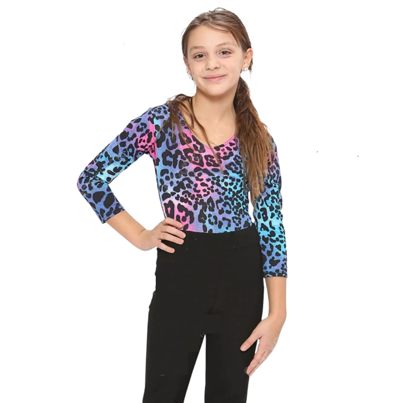The Fancy Dress® Body Bambina Manica Lunga Stampa Leopardata - Microfibra Elasticizzata Per Danza E Ginnastica, Taglie 5-13 Anni
