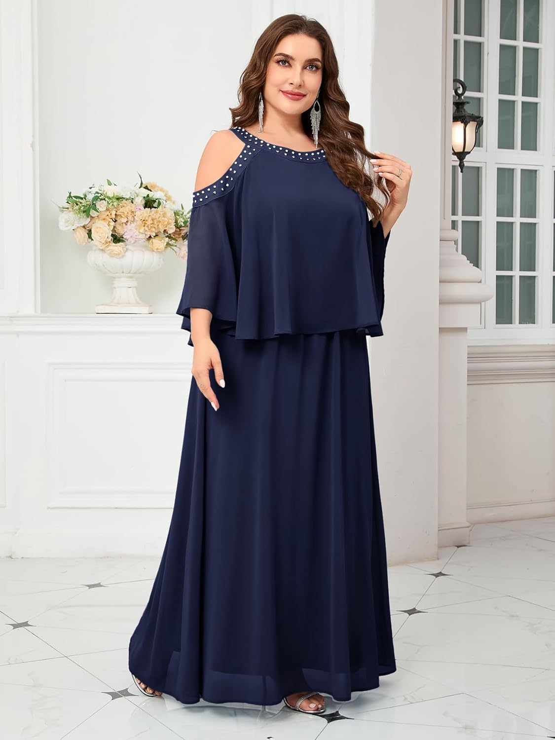 Plus Size Chiffon Formal Maxi Dress Cold Shoulder Beaded Neckline Evening Gown with Tiered Overlay Wedding Guest