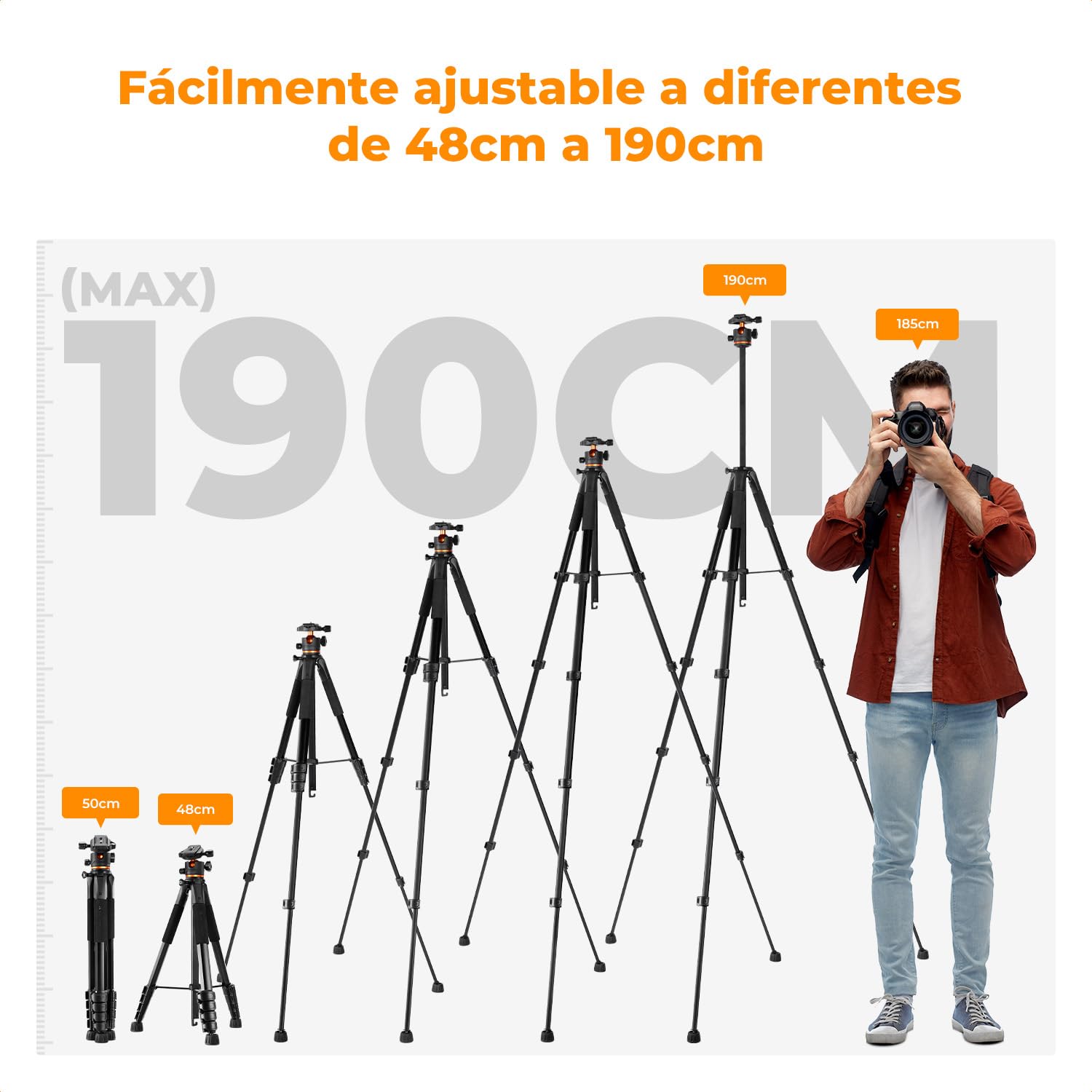 K&F CONCEPT Trípode Ligero Portátil 190cm S255A3+BH-36 Tripode para Movil de Cabeza Esférica para DSLR, Cámara Réflex Digital, Teléfono Móvil, etc., con Clip para Teléfono Móvil