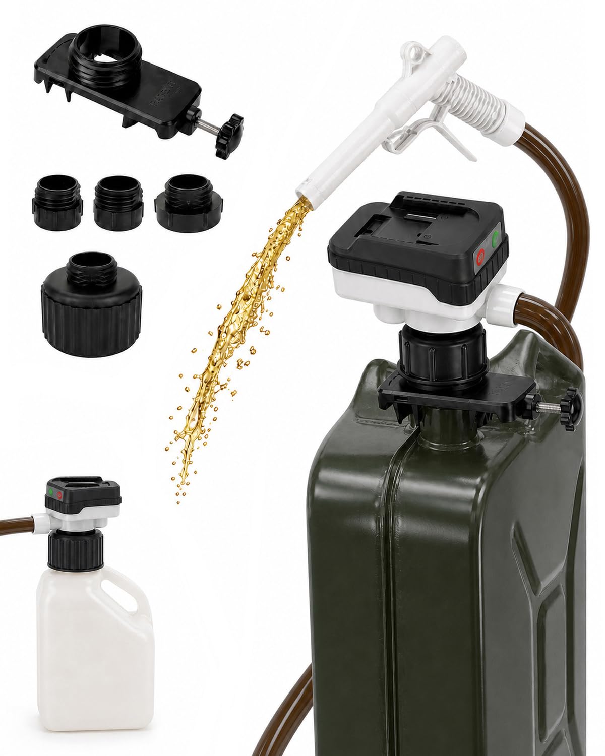 Pompe de transfert Carburant 15L/min électrique universelle avec Auto-Stop | Tuyau PVC 130cm, pour Diesel/Essence, Compatible pour DeWalt 20V & Milwaukee 18V, 4 Adaptateurs + Universel (Sans Batterie)