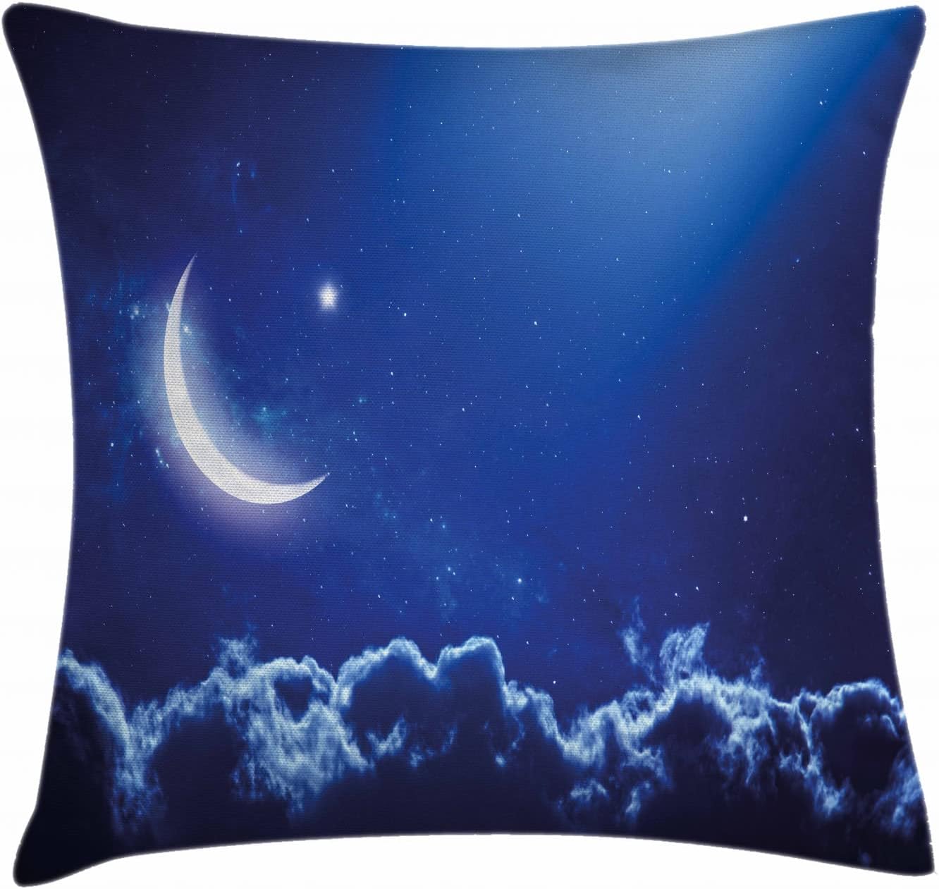 Ambesonne Night Throw Pillow Cushion Cover, Crescent Moon in Dark Blue Sky with Vibrant Stars Celestial View Midnight Image, Decorative Square Accent Pillow Case, 20" X 20", Blue and White
