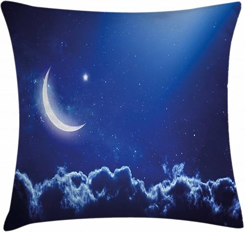 Ambesonne Funda de cojín de noche, luna creciente en cielo azul oscuro con estrellas vibrantes vista celestial, imagen de medianoche, funda de