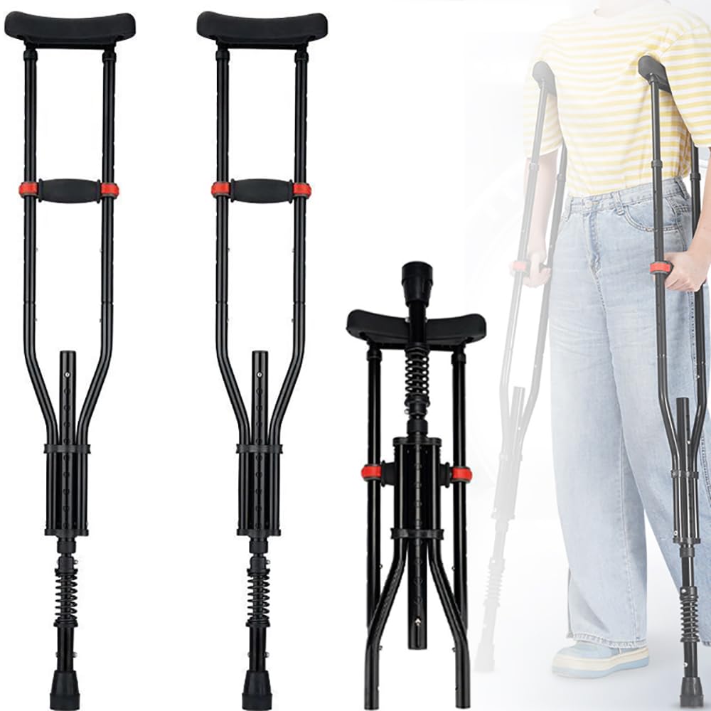 Muletas Axilares 1 Par (2 Piezas) – Altura Ajustable 108-160cm 20 Niveles Regulables，con Amortiguación y Plegable, Aluminio y Almohadillas de Goma Soportan 150kg, para Mayores o Post-Cirugía (Negro)