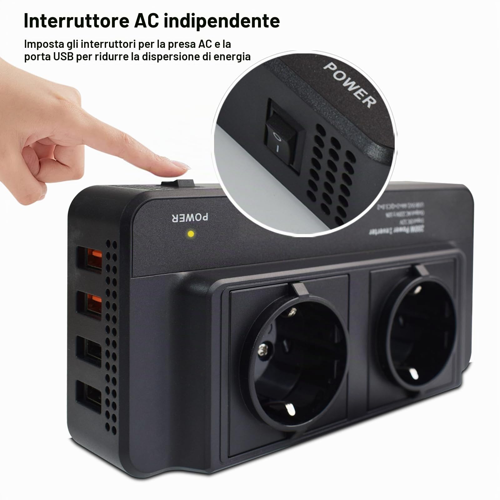 200W Inverter 12V a 220V Convertitore Potenza Onda Modificata - Ricarica Rapida, Protezione Multipla, 2 Prese CA, 4 Porte USB, Display Digitale per Auto, Camper, Campeggio, Lavoro in Movimento
