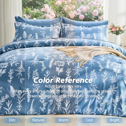 Image of MUXHOMO Ice Blue Full Comforter Set, Elegant Floral Print Bed in a Bag 7 Pieces, Ultra Soft & Breathable Reversible Botanical Pattern Bedding Set with Comforter, Sheets, Pillowcases, and Shams