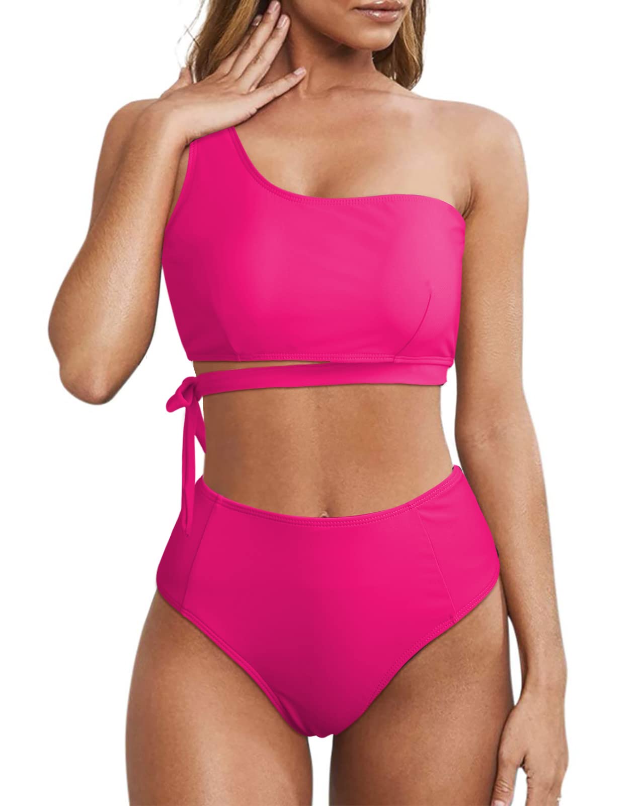 Wantonfy Damen Bikini Sets High Waist Schwimmanzug Zweiteiliger Badeanzug EIN Schulter Bademode Swimsuit