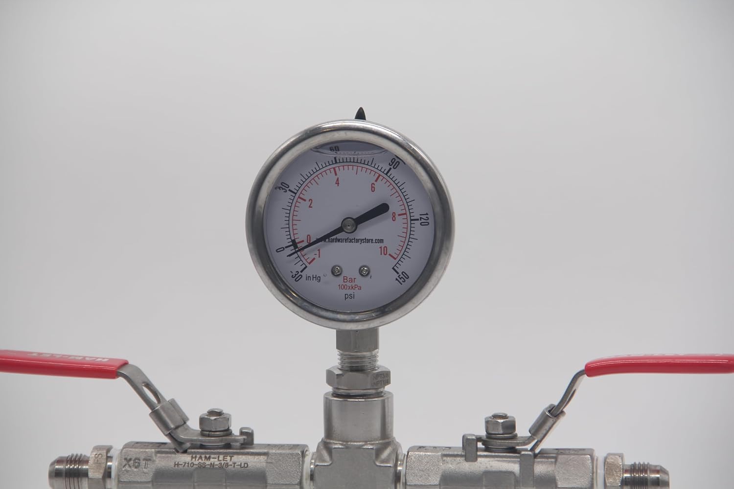 HFS(R) -30inHg-0-150psi Vacuum Pressure Gauge Glycerin Liquid Filled, 2.5" Dial Size, 1/4" NPT Lower Mount, Stainless Steel Case, PSI and Bar Dual Scale