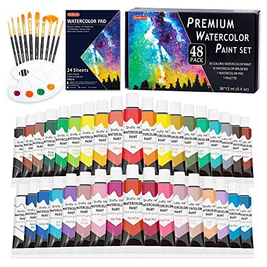 Juego de 48 pinturas de acuarela, Shuttle Art 36 colores acuarela en tubos (12 ml cada uno) con 10 pinceles, 1 almohadilla de acuarela, 1 paleta, kit de acuarela premium para artistas