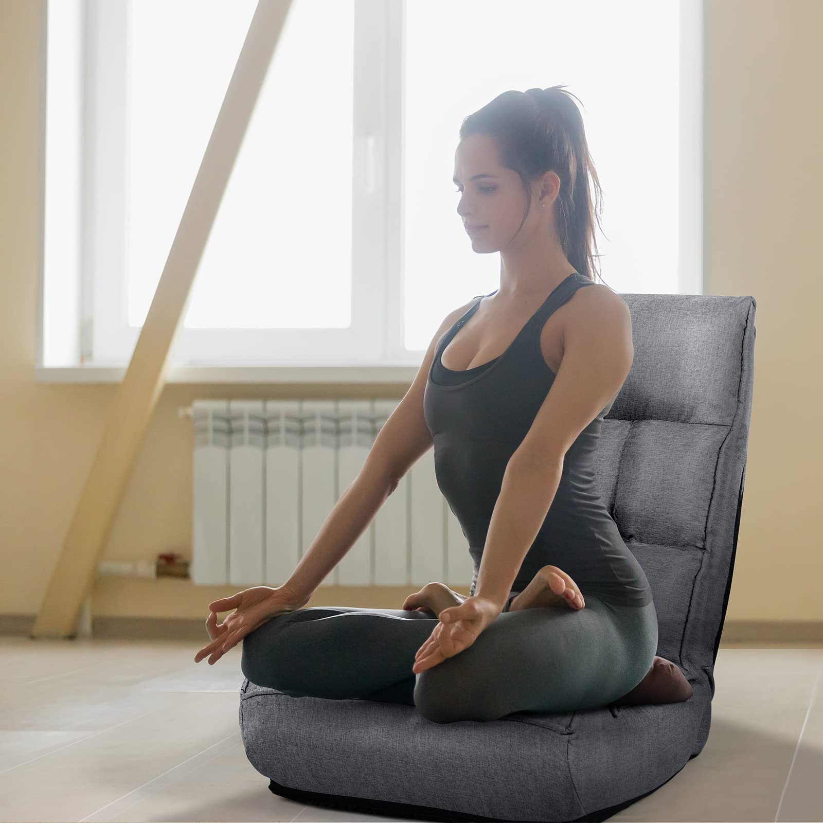 RELAX4LIFE Fauteuil Bas Multiposition Réglable Dossier 4 Positions Charge 140kg, Chauffeuse Convertible en Lin Appui-tête en 5 Positions Fauteuil Paresseux 1 Place Adulte Enfant (Lin, Gris)
