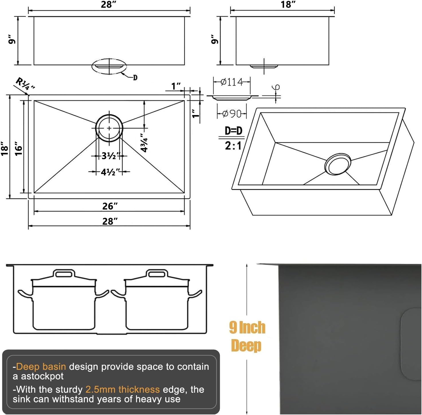 28 Inch Undermount Kitchen Sink, 28 x 18 Stainless Steel 16 Gauge 9 Inch Deep Single Bowl Basin Commercial Outdoor Kitchen Sink with Strainer