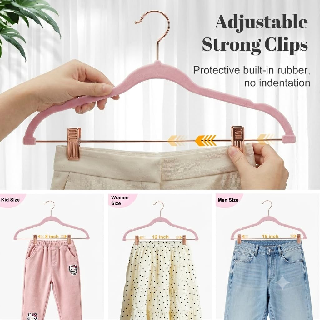 HOUSE DAY Perchas de Terciopelo con Clips, Paquete de 24 Perchas de Terciopelo ultrafinas Antideslizantes con Ganchos de Oro Rosa, Ahorro de Espacio, para Pantalones, Faldas, Jeans, Vestidos, Abrigos