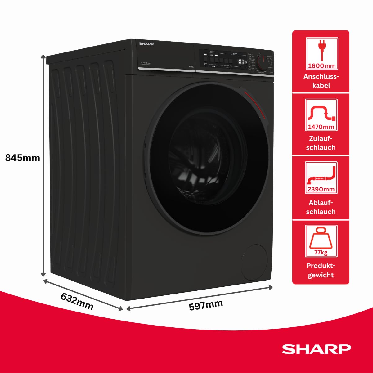 SHARP ES-WNFB214CMDA-DE Waschmaschine (12 kg, EEK A-20%, 1400 U/min.), (WiFi, Inverter Motor, Dampf, AquaStop), Mattschwarz