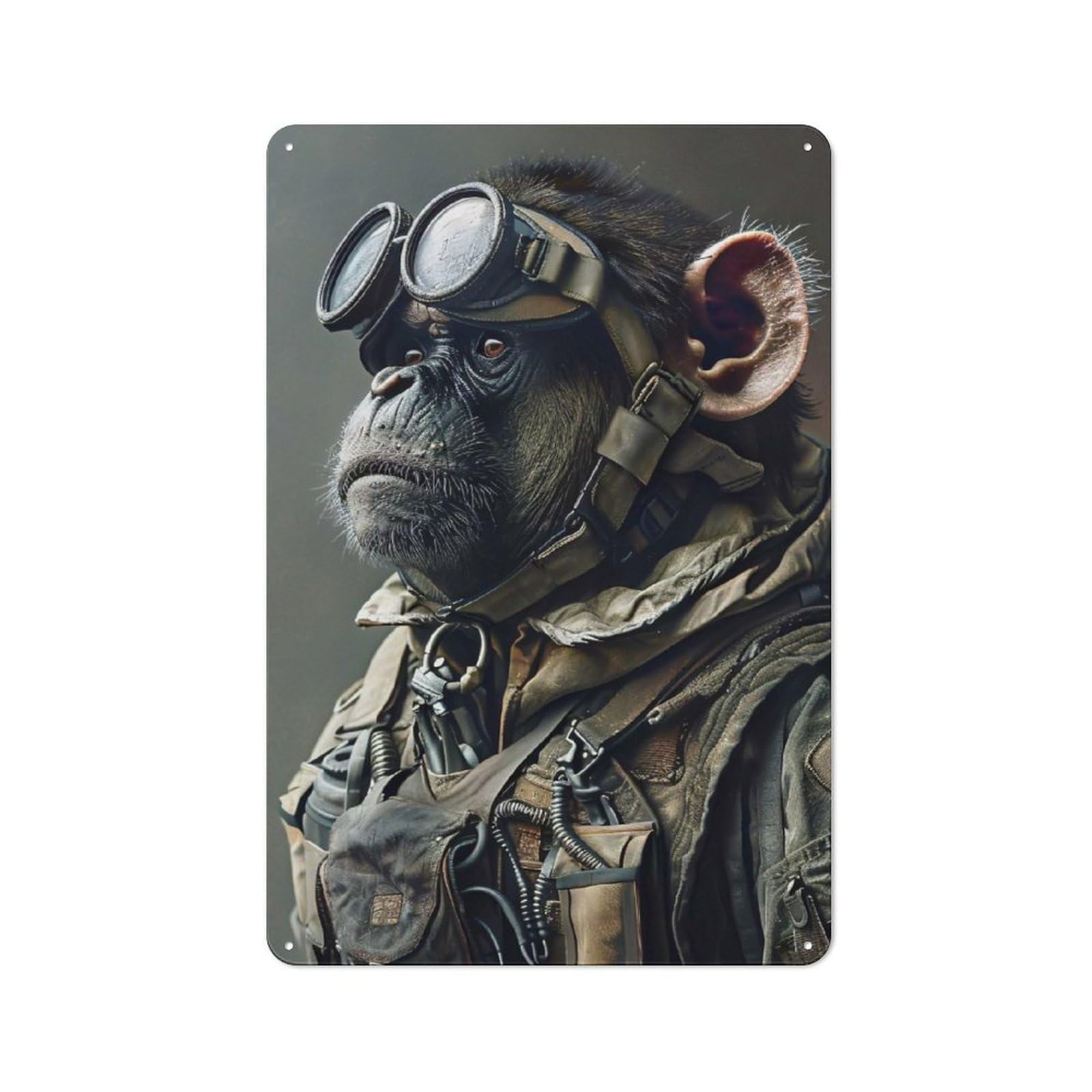 Junmoney Style-13 Garage Style Chimpanzee In Military Gear With Goggles Decorative Metal Plaque 30X20cm, Garage Wall Decor For Workshop, Basement, Shed Or Games Room