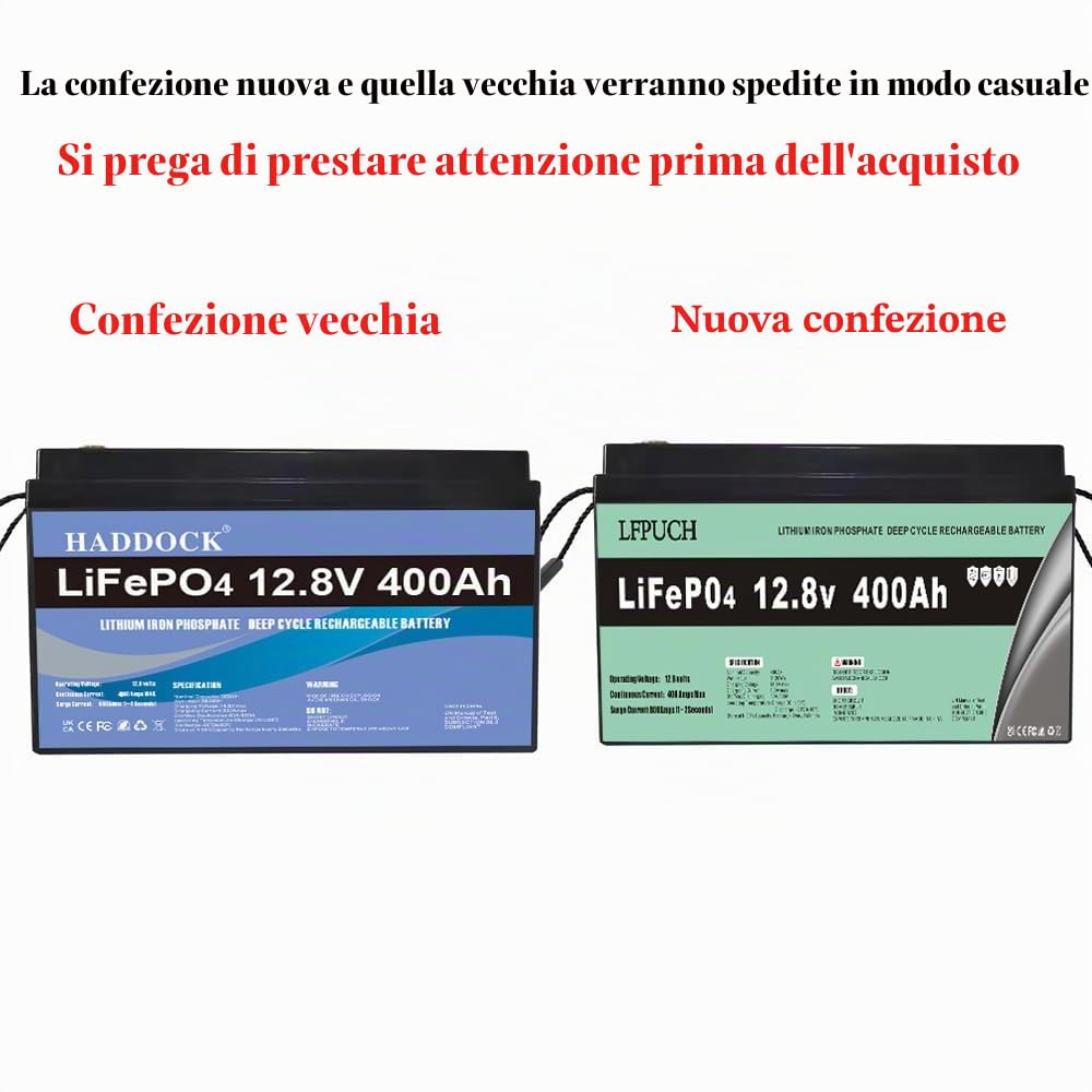 Batterie a Lunga Durata,Batteria Lifepo4 12 V (12,8 V) 400 AH, 5000 Deep Cycle al litio fosfato di ferro, Adatto per sistemi di accumulo energetico, campeggio all'aperto e altro ancora.