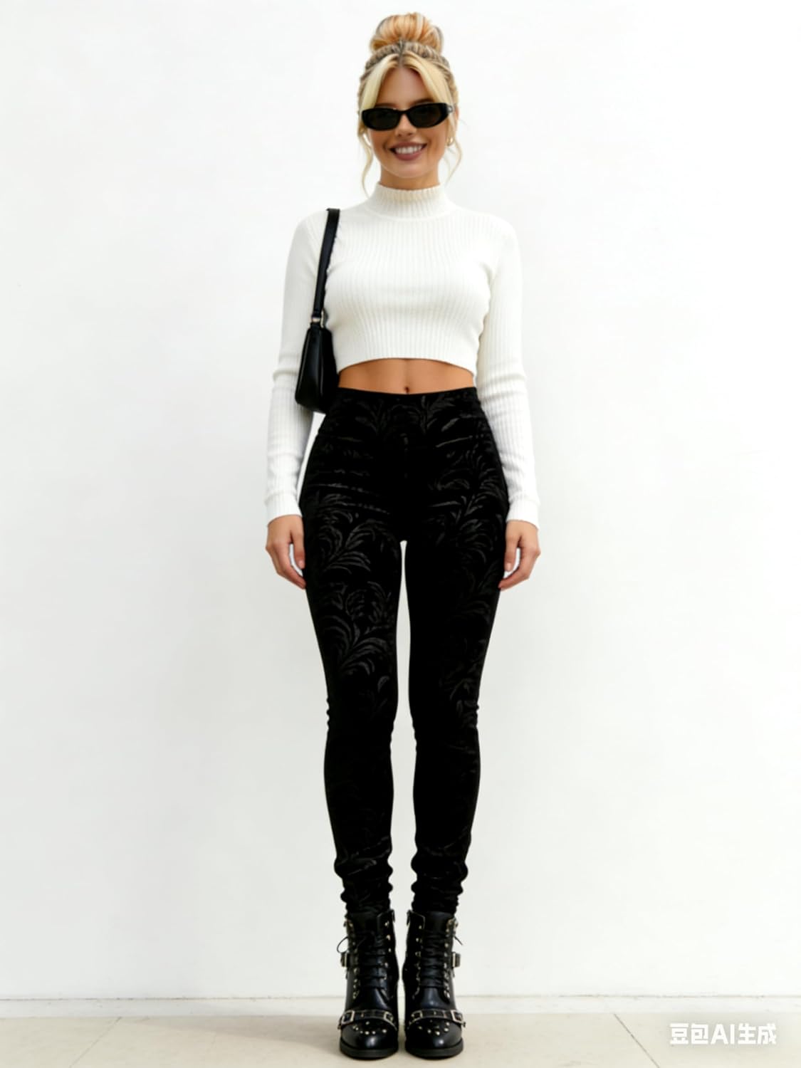 Nihsatin Gothic Punk Velvet Skinny Pants for Women High Waist Jacquard Stretch Leggings - Image 2