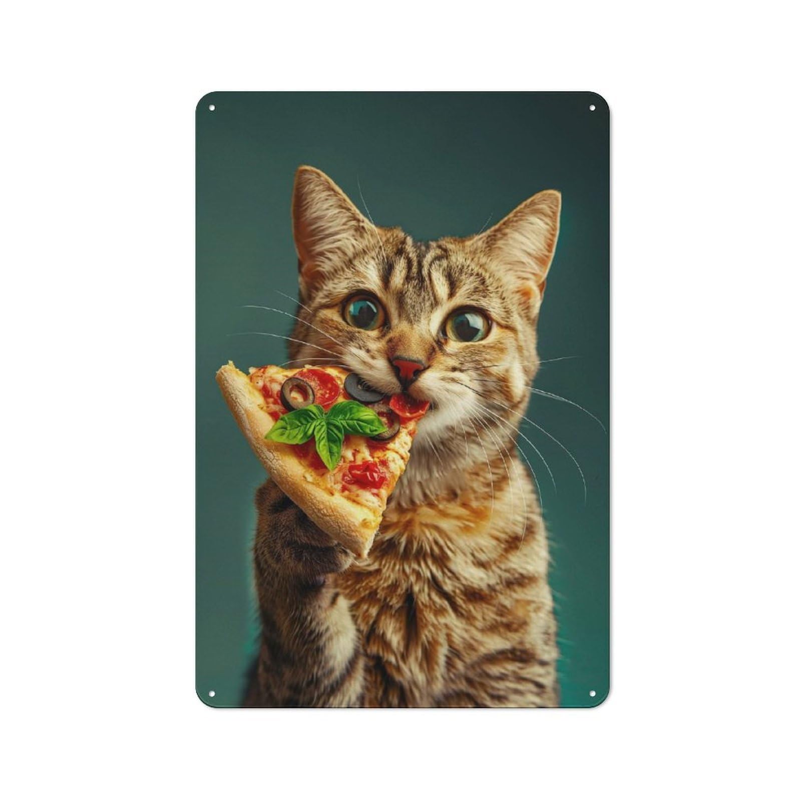 Classic Decorative Tin Plaque 30x20cm Featuring Cat And His Pizza, Novelty Wall Art for Home, Shop, Pub Or Studio Wall