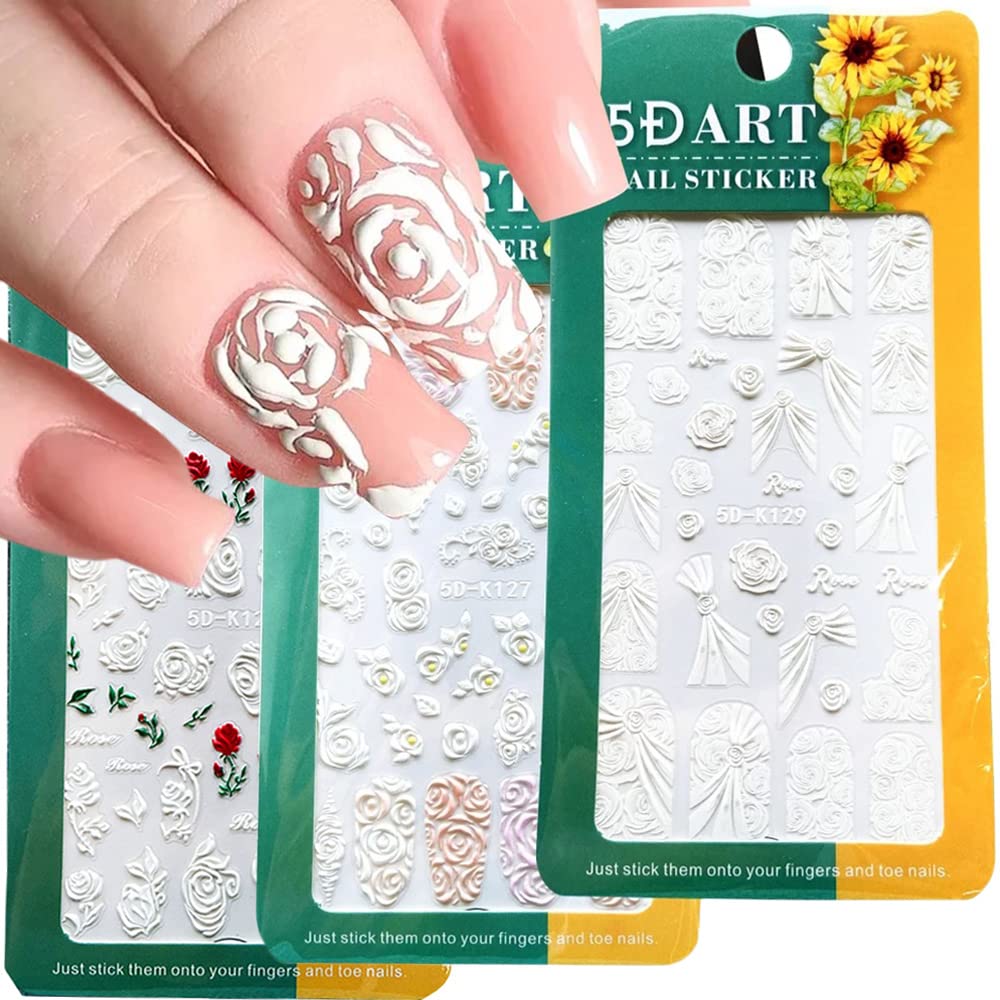 Valentine’s Day Nail Art Stickers, 5D Rose Flower Nail Decals Stereoscopic Embossed Nail Art Supplies Self Adhesive Rose Flowers Valentines Nail Stickers for Women Girls Acrylic Nails Decorations