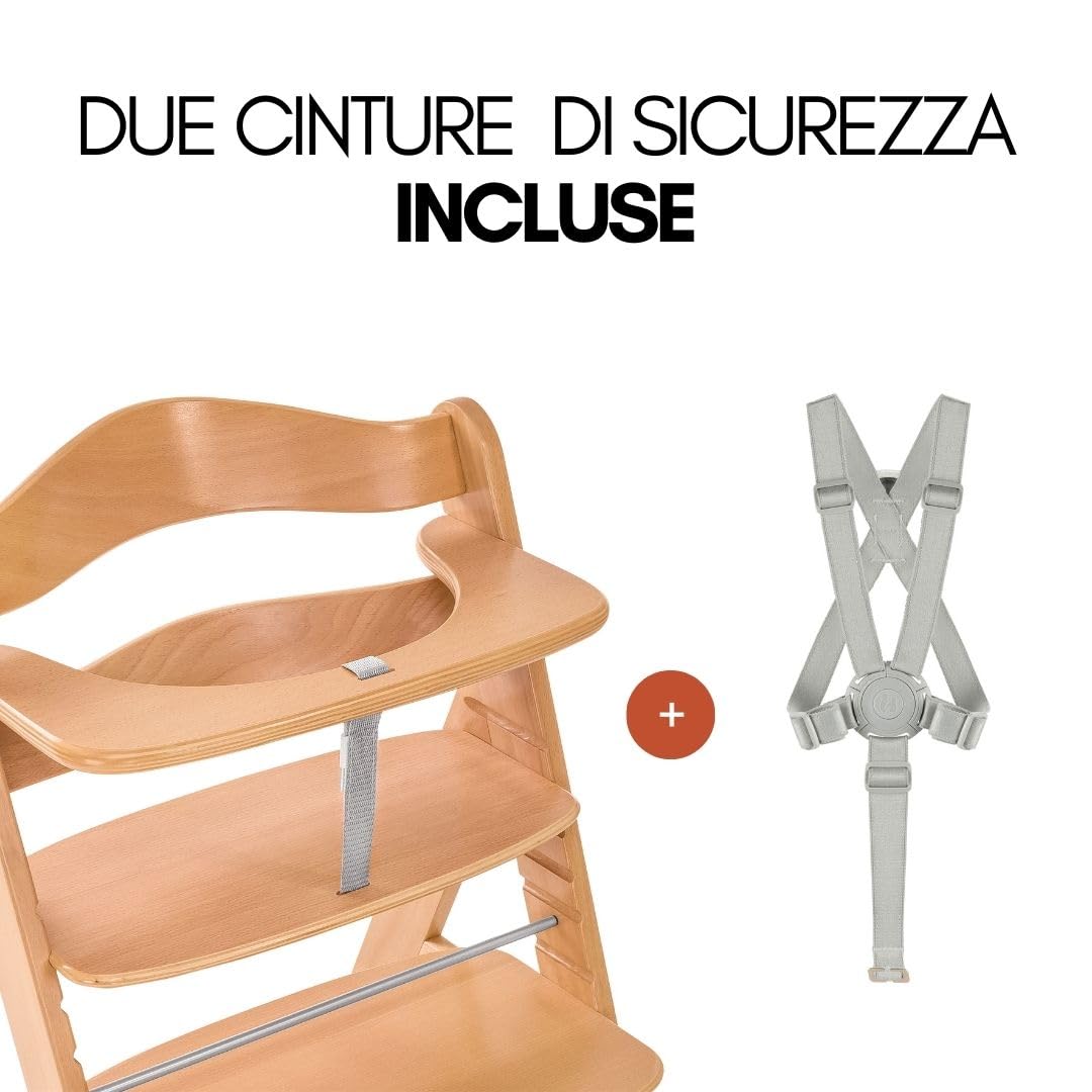 hauck Seggiolone Pappa Alpha Plus con Vassoio per Giochi in Legno, Cuscino - Seggiolone Evolutivo Legno dai 6 mesi - Naturale, Grigio scuro