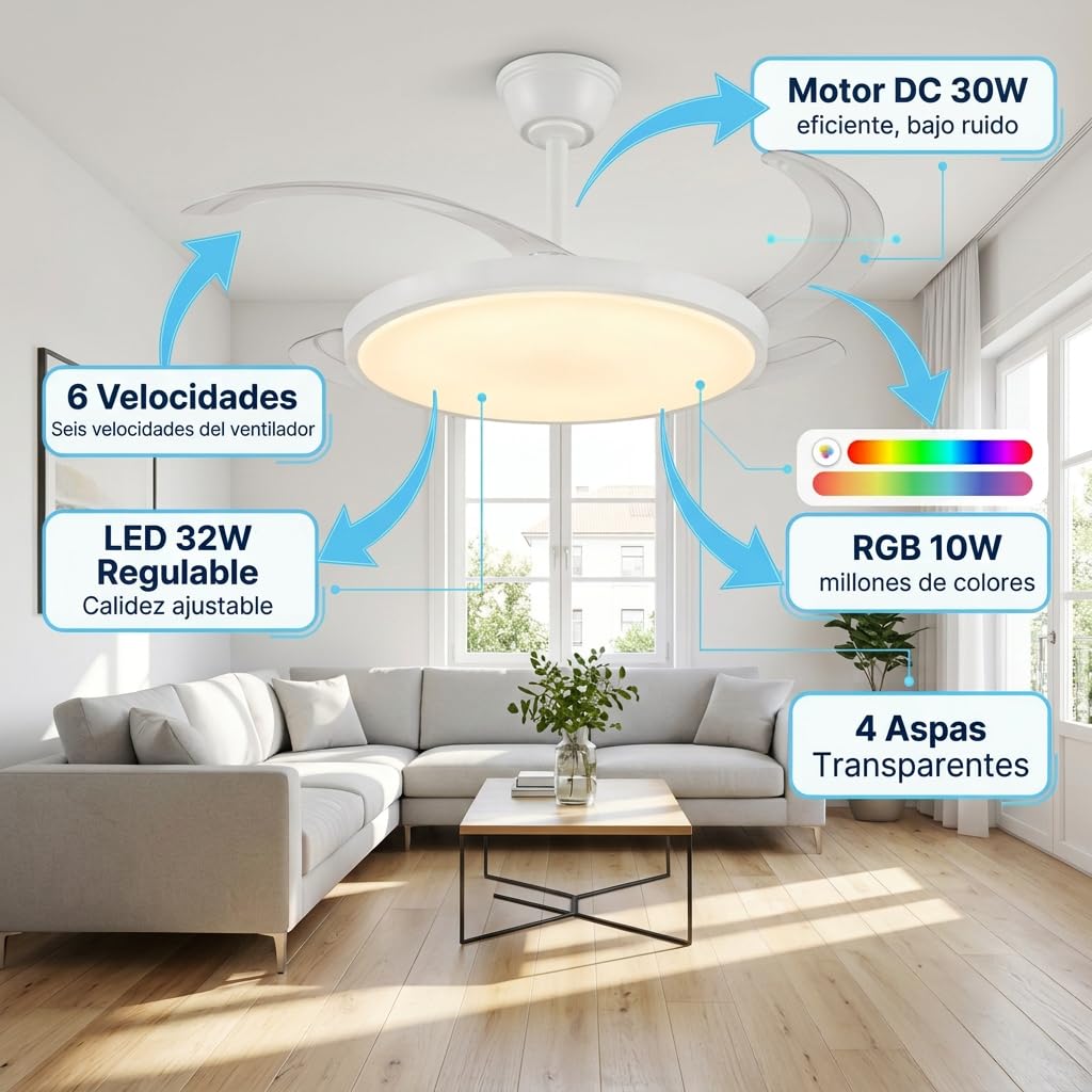 Ventilador de Techo con Luz RGB Retractil | Lampara LED con Aspas Transparantes | Motor DC Ultra Silencioso 30W, 6 Velocidades, Función Verano/Invierno, Temporizador | Para Salón y Dormitorio (92 CM)