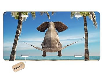 Amcove License Plate Elephant Sitting in a Hammock on The Beach and Look at sea License Plate Aluminum Metal License Plate Car Tag Novelty Home Decoration for Women Girls Men Boys 6 inch X 12 inch