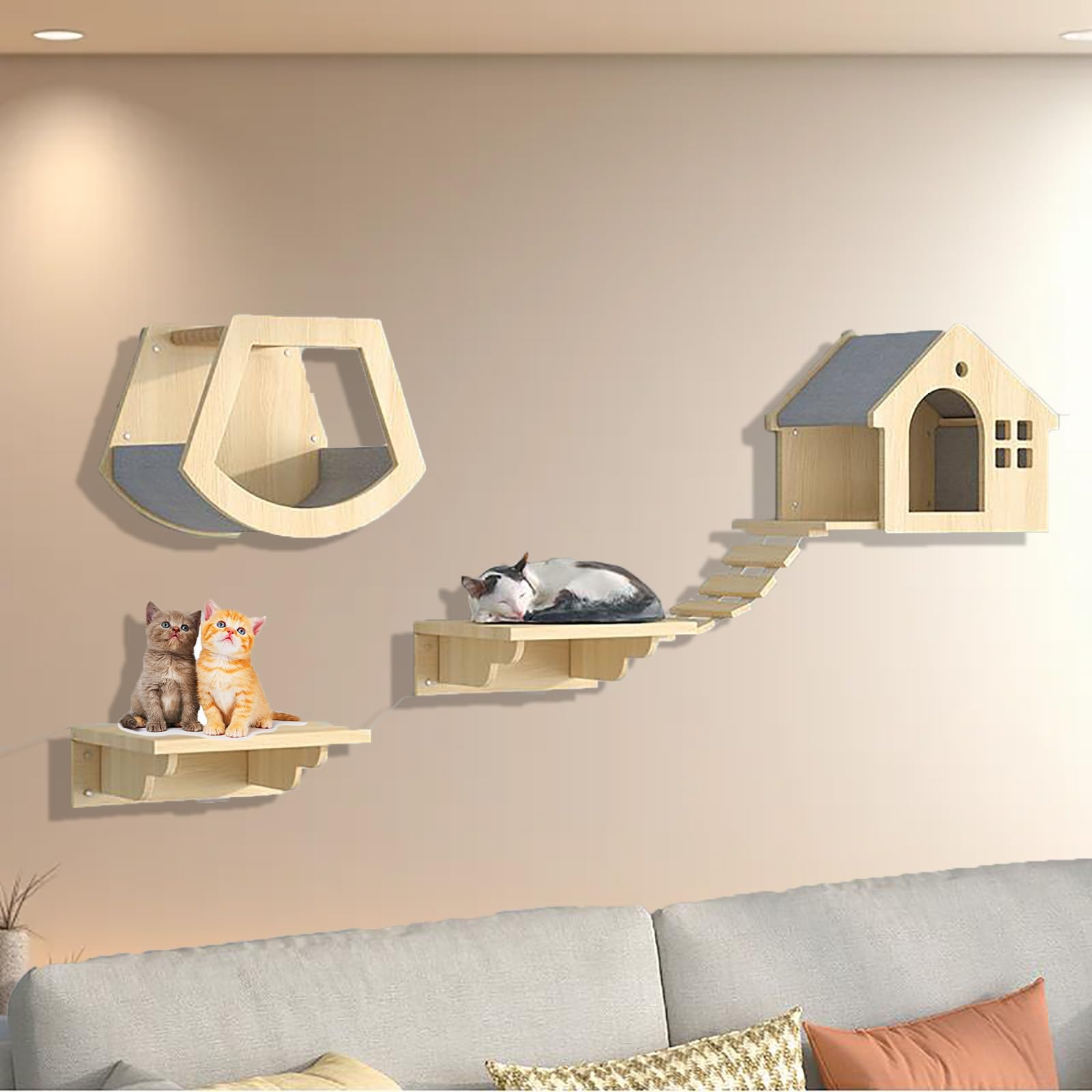 Amaca per Gatti, Tiragraffi Gatto, Mobili da Parete in Legno di Pino per Gatti, Mobili da Parete per Risparmiare Spazio, Regalo per Micio di Taglia Media/Piccola(4pcs)