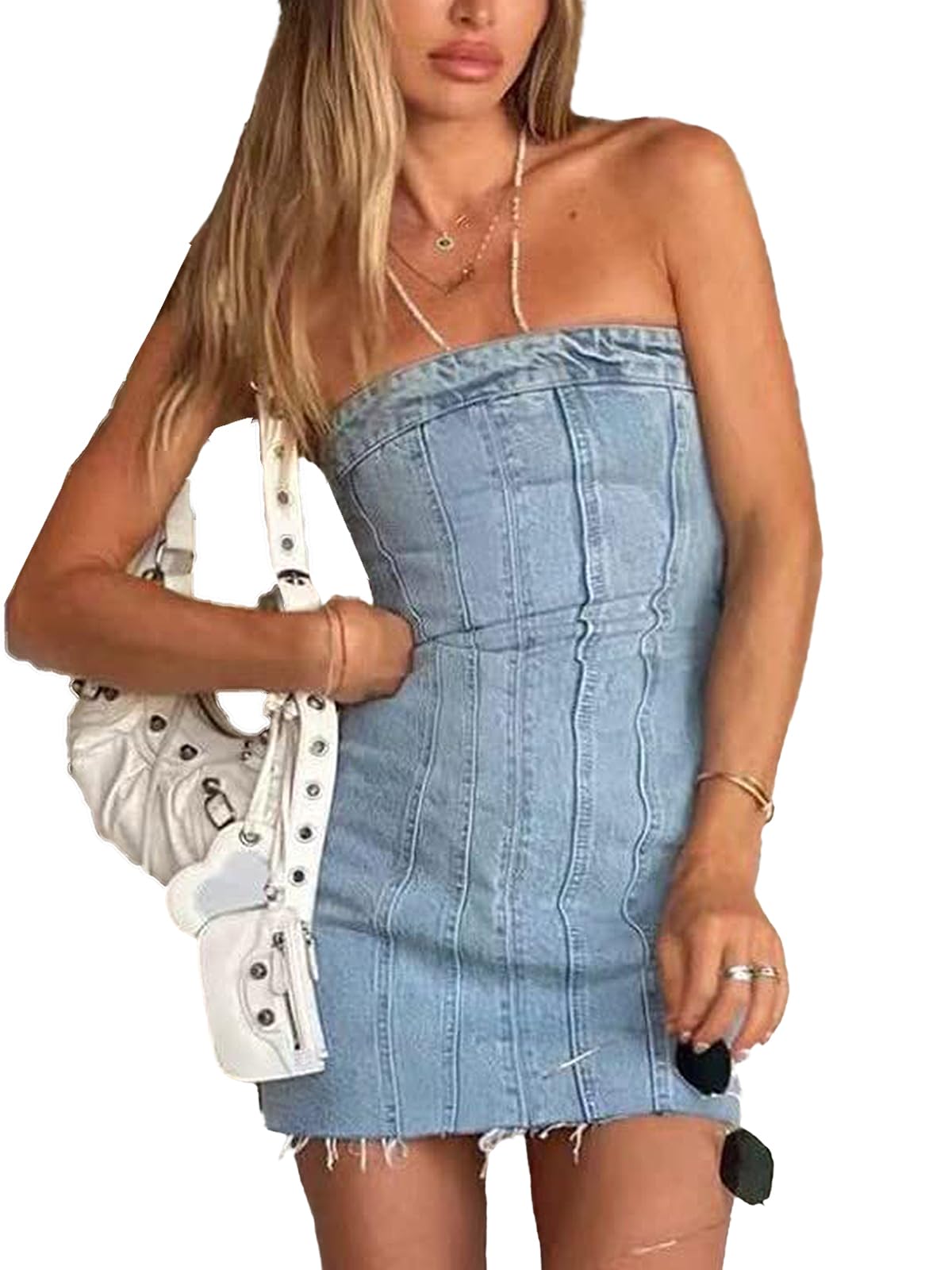 Sexy Denim Strapless Dresses for Women Y2K Jeans Corset Backless Tube Bodycon Mini Dress Clubwear
