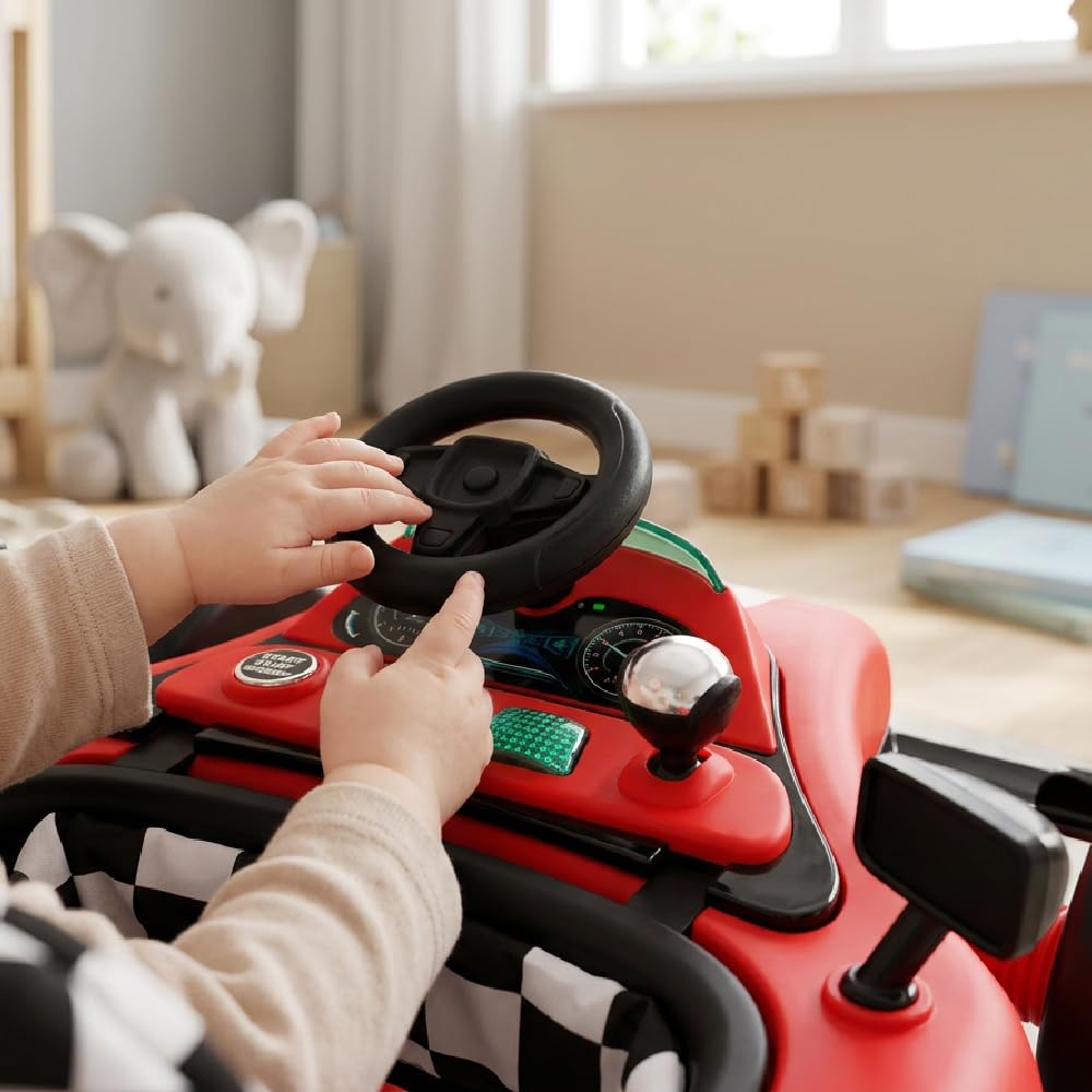 Andador para bebés Formula Racing, 6-18 meses, baby walker plegable con ruedas silenciosas, caminante con Empuje Regulable en Altura, coche de aprendizaje móvil con música y luz (Rojo)