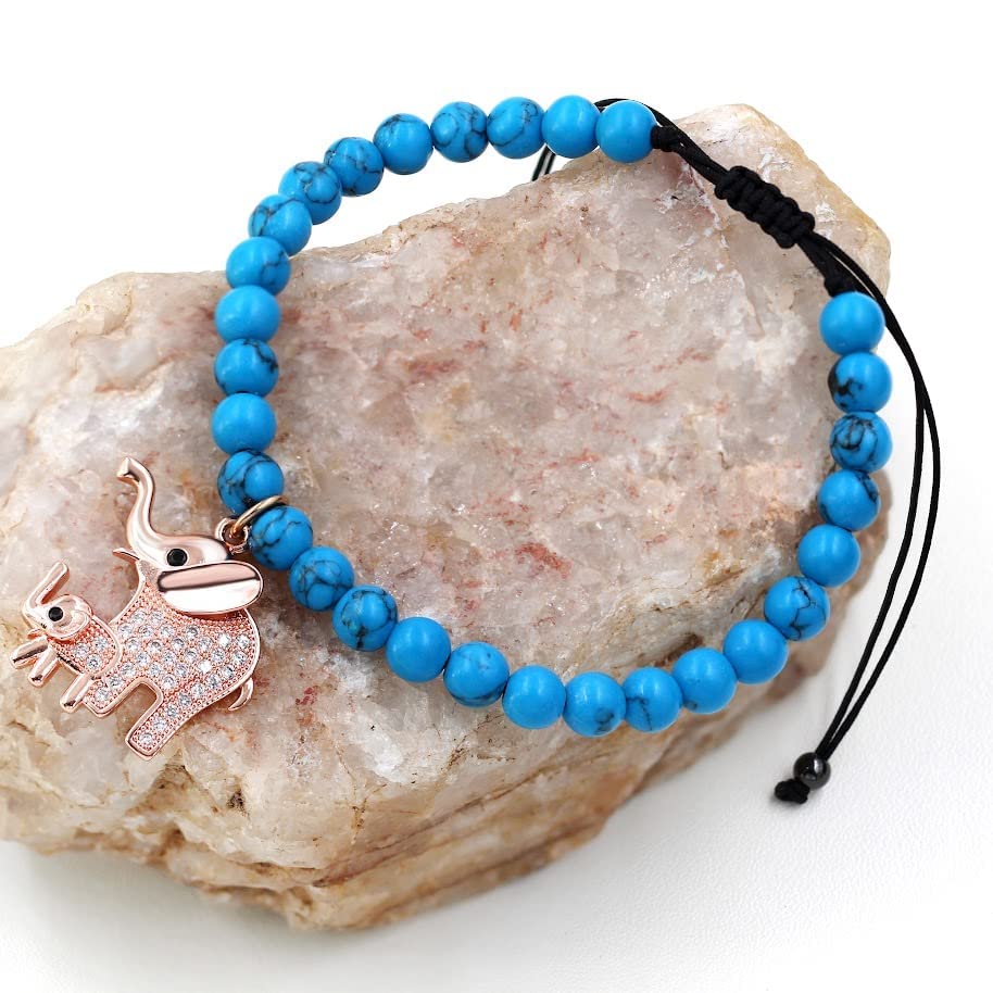 Image of Matte Agate Black Onyx /Turquoise Beads Bracelet, Good Luck Mom and Baby Elephant Bracelet, To My Mom Bracelet Gifts for Mothers Day from Daughter