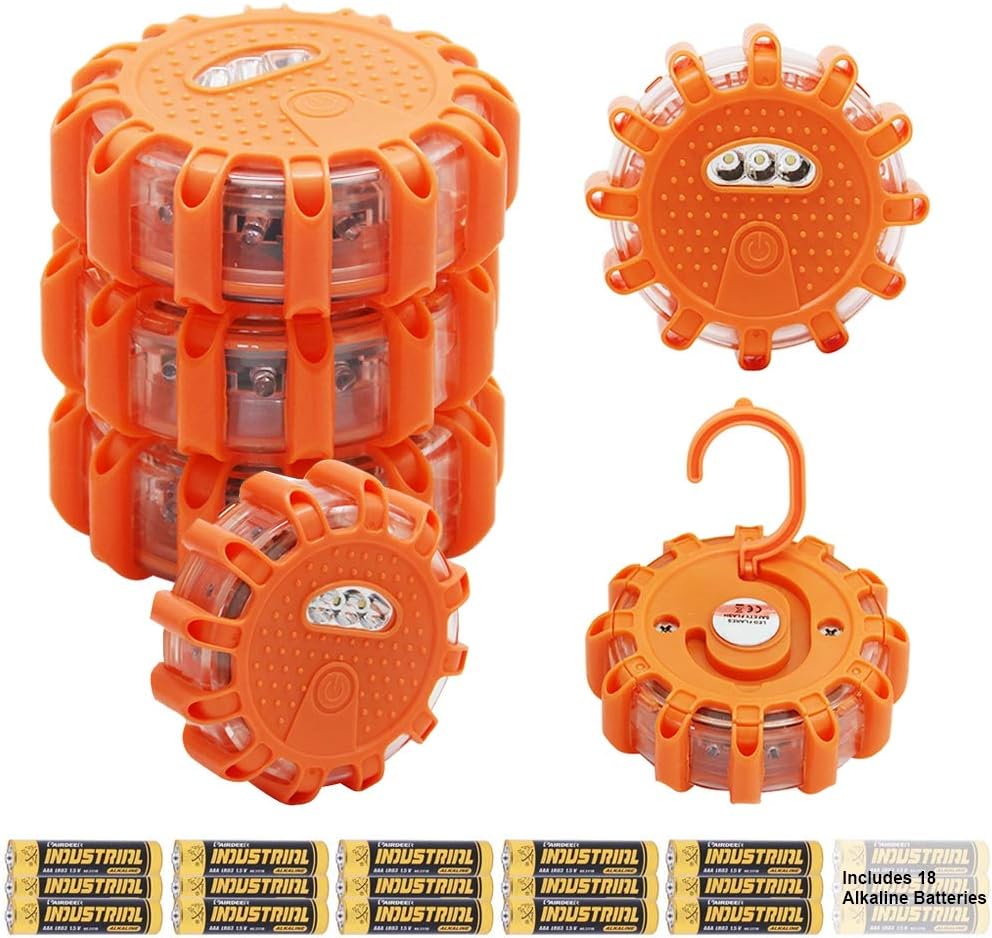 Twinkle Star 6 Pack LED Road Flares Flashing Warning Lights Roadside Safety Emergency Disc Beacon for Car, Marine Boat, Include 18 AAA batteries