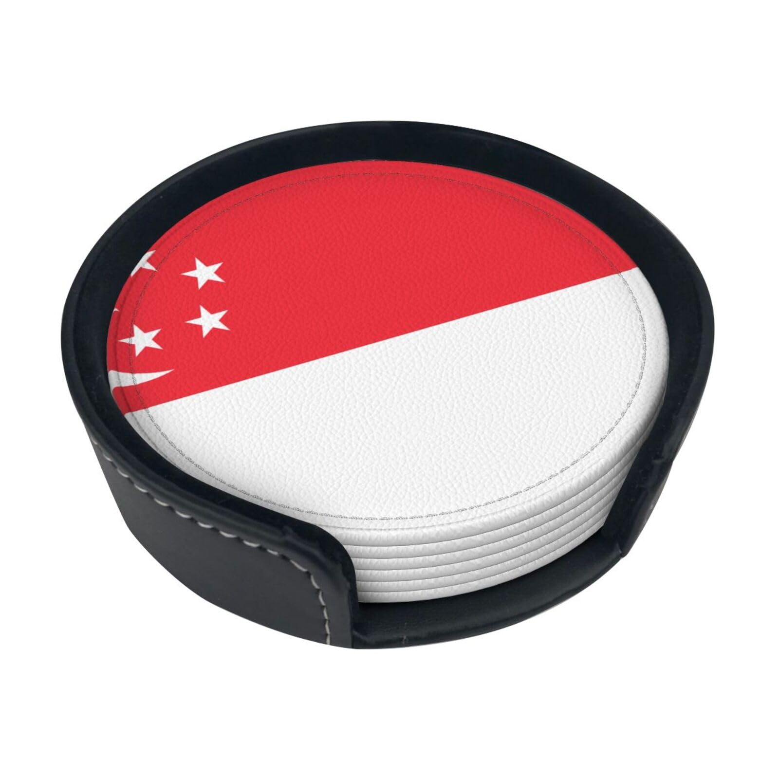 Cntdbu White Singapore Flag Leather Coasters Set Of 6-Pu Leather Drink Mats For Table, Heat Resistant Round Coasters With Holder