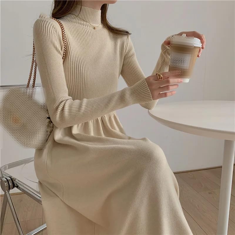Robe midi en tricot à col roulé pour femme - Style vintage - Ample - Manches longues - Dentelle