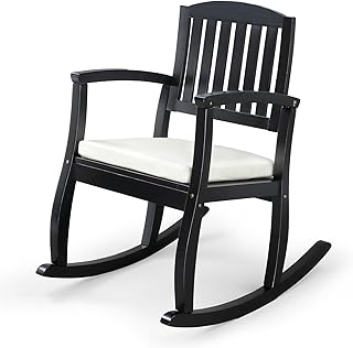 VINGLI Wooden Rocking Chair with Cushion,Outdoor Indoor Rocking Chair Supports Up to 450 lbs,Chair with Comfortable Backrest for Patio, Porch, Balcony (1, Black)