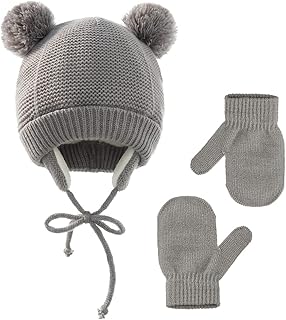 Cappellino Muffole Bimbo Set IOSCDH Muffole Neonato Cappello Bambino Invernale con Pompon Autunno e Inverno Caldo Carino Invernale Beanie Cappelli e Guanti per Bambini 0-24 Mesi (Grigio)