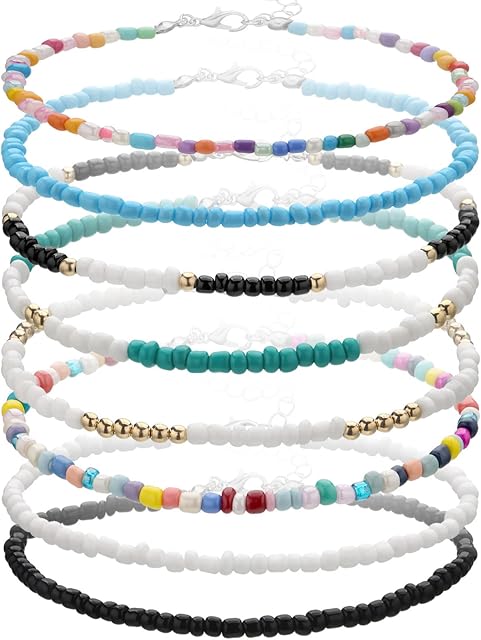 VEGCOO 8 Pcs Boho Anklets Bracelet, Handmade Beaded Anklet Bracelet Adjustable Glass Beads Anklet, Colourful Beads Foot Jewelry for Women Girls Ladies (8 Pcs)