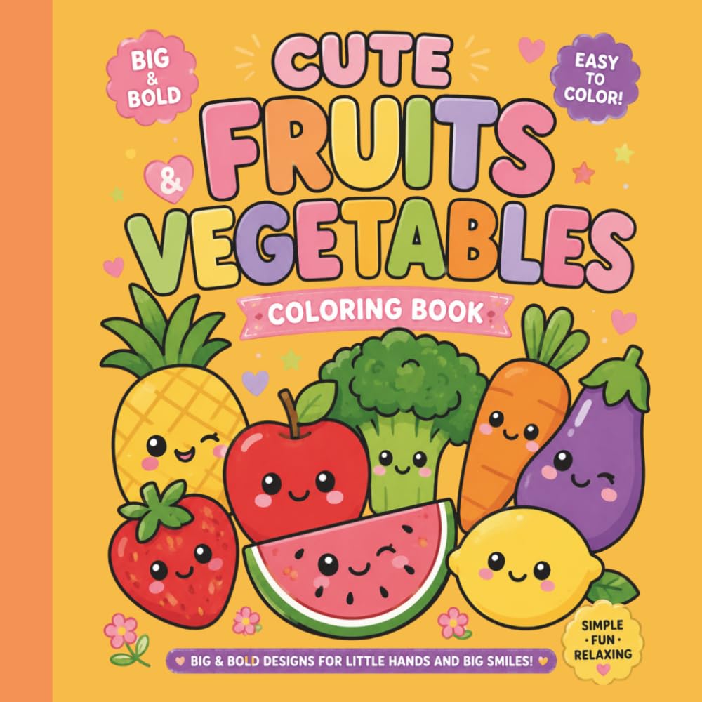Cute Fruits & Vegetables Coloring Book: Big And Bold Adorable Fruits & Veggies For Cozy Coloring