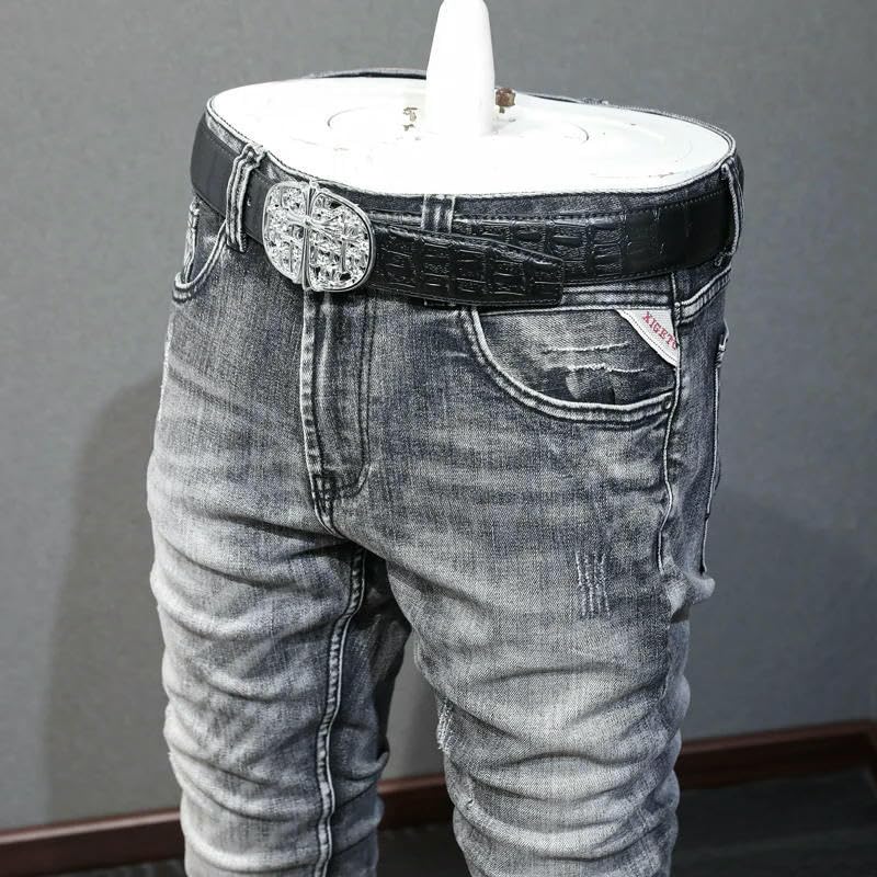 Men's Jeans Retro Dark9 Gray9 Elastic Slim Fit Ripped ​​Trousers Men Vintage Casual Denim Pants4