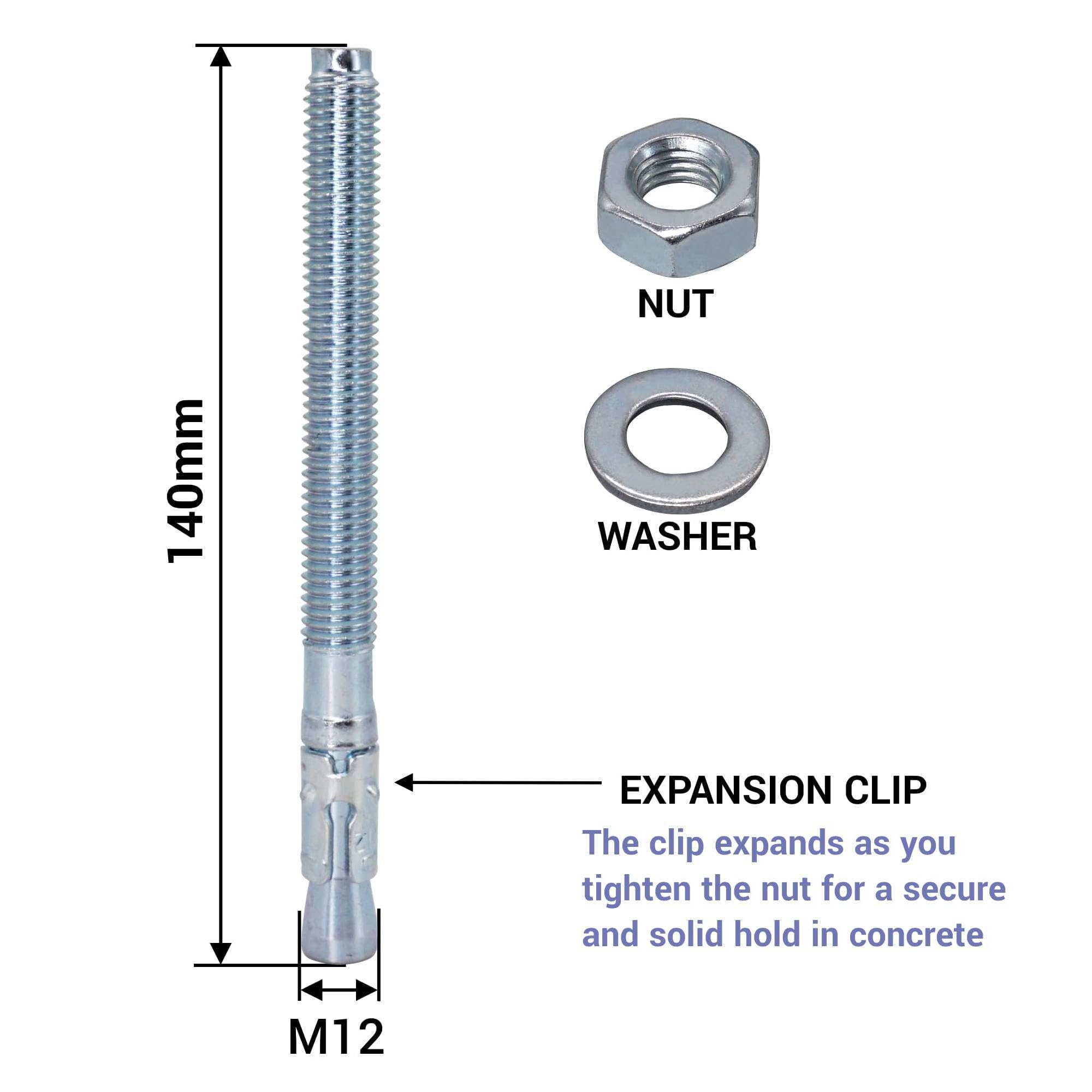 SKIR'CO (4 pcs) Zinc Plated Wedge Anchors M12 x 140 mm, Metal Dowels, Anchor Bolt, Masonry Anchors, Concrete Anchor - Image 4