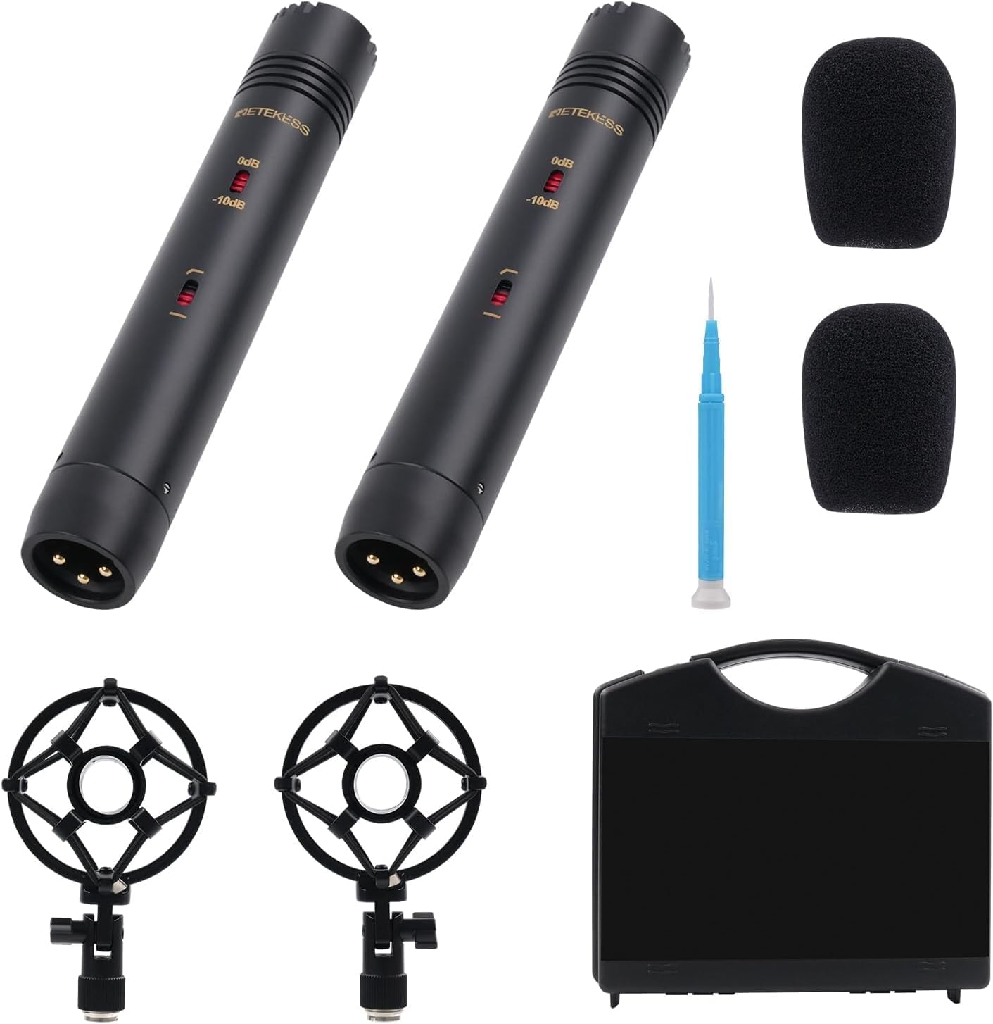 SVBONY M1 2-Pack Condenser Mic, 22mm Gold Instrumental Microphone with Low Cut/-10dB Pad, Supports XY and AB Stereo Configurations, Shock Mount, T-Bar & Case for Bass, Drums Recording