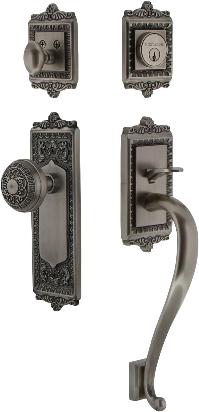 Nostalgic Warehouse 719407 Egg and Dart S Grip Entry Set & Knob, Backset - 2.375", Antique Brass
