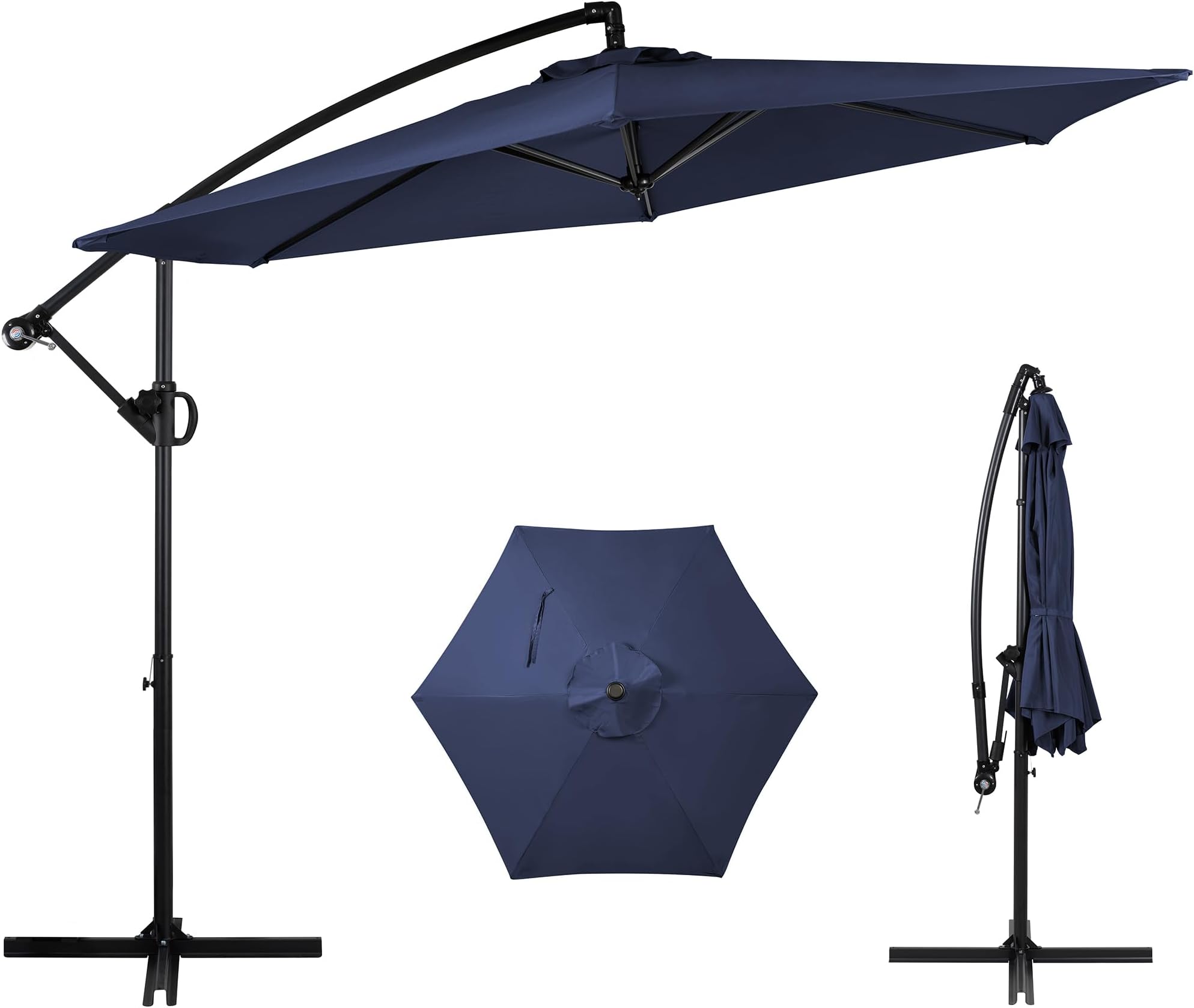 Shintenchi Offset Patio Umbrella with Easy Tilt Adjustment,Crank and Cross Base, Outdoor Cantilever Hanging Umbrella, Sunshade Free Standing Canopy, Navy Blue