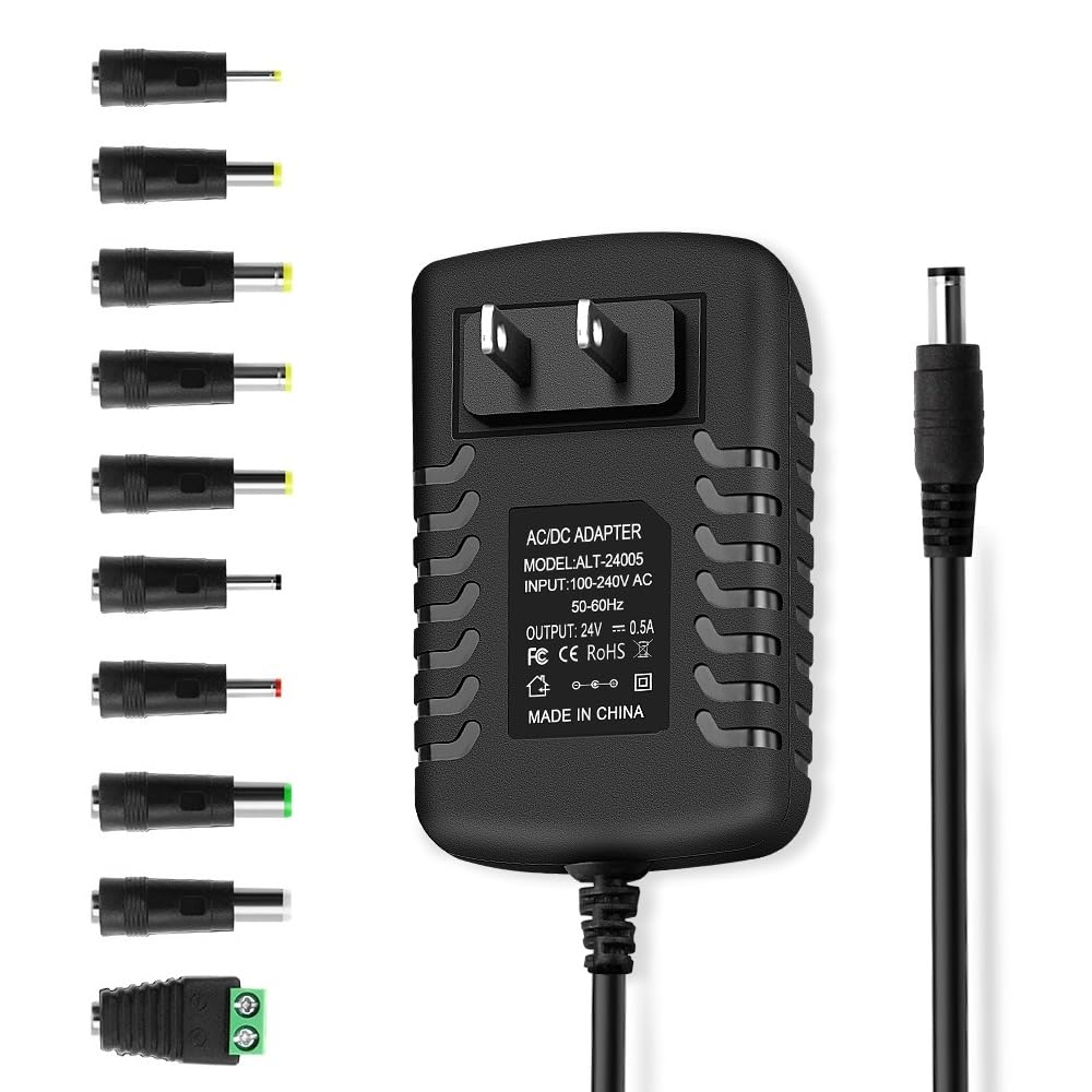 24V 0.5A 500mA DC Power Supply Adapter 24V AC Adapter 100-240V 50-60Hz to 24 Volt 0.5 Amp Power Supply Cord 4.9ft with 5.5mm x 2.5mm Barrel & 10 Tips
