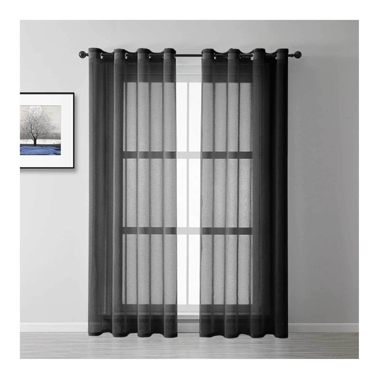 2 Panneaux Rideaux Voilages Noir 102x183CM, Rideau Transparents Salon à Oeillets Décorations d'intérieur de Fenêtre Rideaux Cuisine Balcon Baie Vitrée