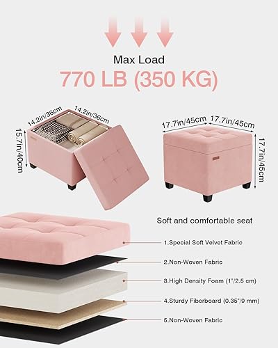 Miniatura 7 de ASND64P - Banco otomano de almacenamiento de terciopelo, reposapiés suave con compartimento oculto, soporta 770 libras, fácil montaje,