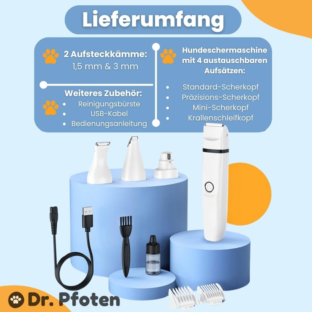 dr pfoten MultiTrim Pro - Die stressfreie 4-in-1 Hundeschermaschine Leise Schermaschine für Hunde und Katzen, IPX7 Wasserdicht Profi Trimmer mit 4 Trimmerköpfen, Pfotentrimmer