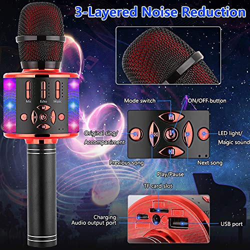 Image of Amazmic Kids Karaoke Microphone Machine Toy Bluetooth Microphone Portable Wireless Karaoke Machine Handheld with LED Lights, Gift for Children Adults Birthday Party, Home KTV(Black Red)