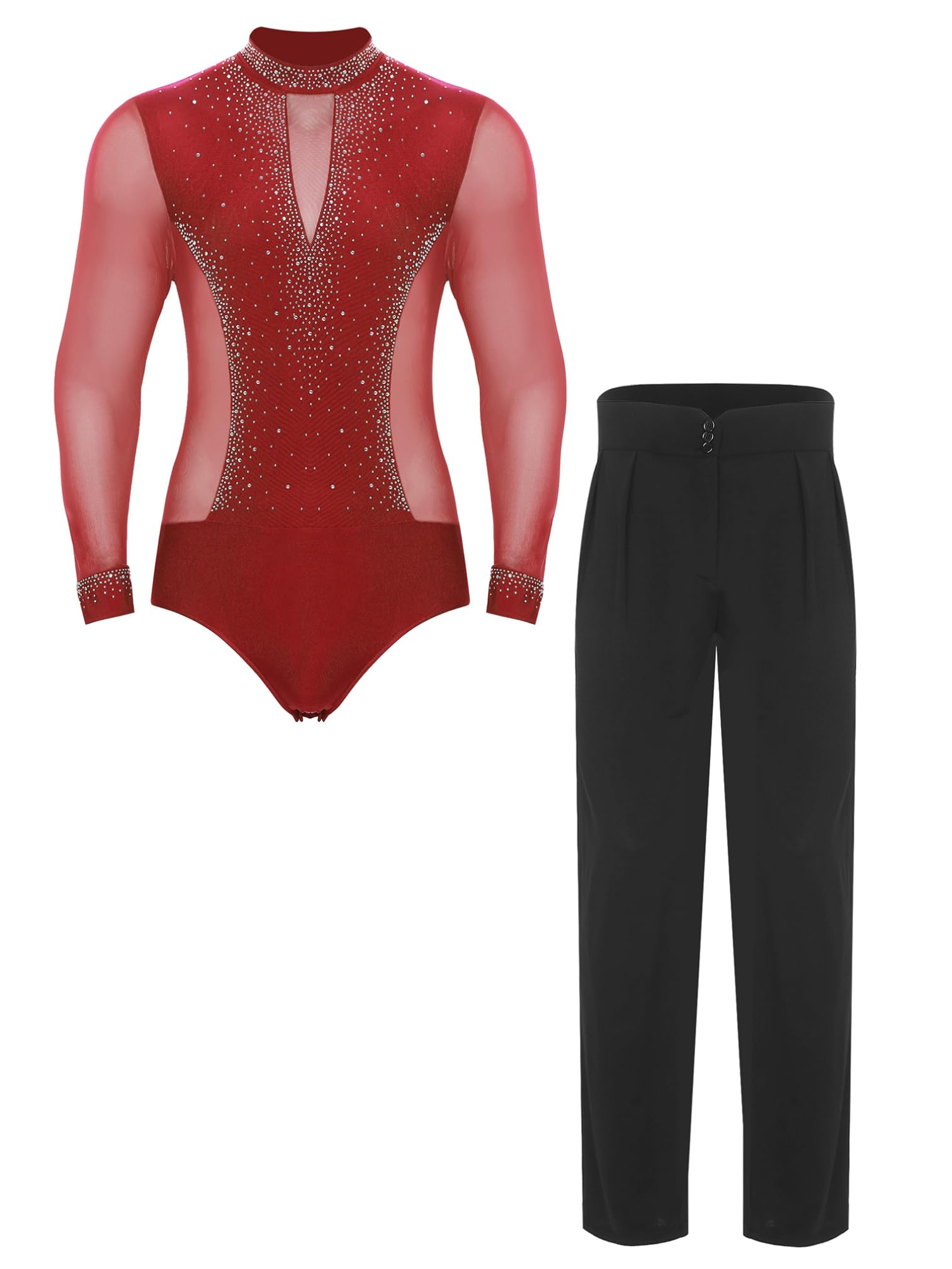 MSemis Traje Baile de Salón para Hombres 2 Piezas con Maillot Brillante de Manga Larga y Pantalones para Patinaje y Baile Latino Tango Cha-Cha
